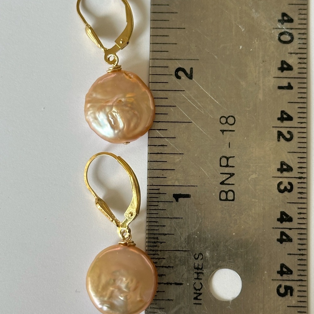 13.7mm NATURAL Color Coin Pearl 14K Yellow Gold Filled Leverback Earrings - Picture 3 of 8